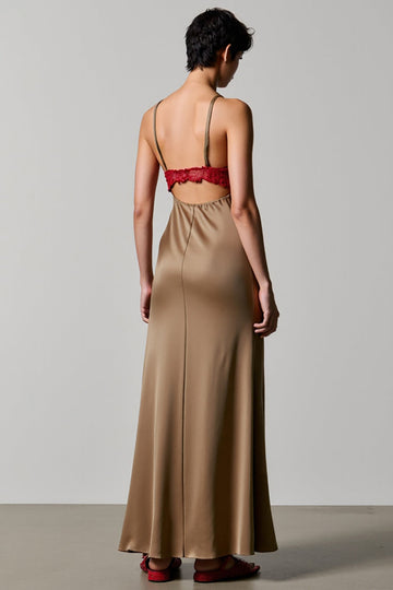 Olive Spaghetti Bretelles Satin Une Ligne Robe